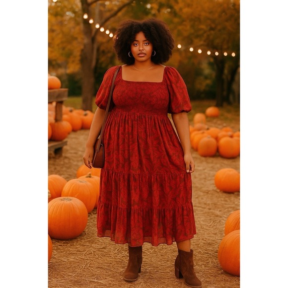 torrid Dresses & Skirts - Torrid Leaves Tea Length Smocked Bodice Dress Size 4 Coquette Fairycore Romantic